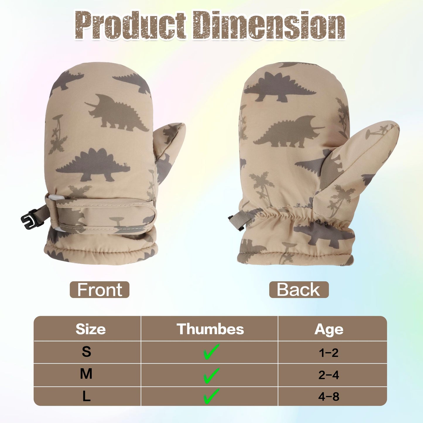 Fynnsure Toddler Mittens Baby Waterproof Snow Gloves Kids Ski Snow Gloves Cold Weather Mittens For Boys Girls Khaki Dinosaur 1-2