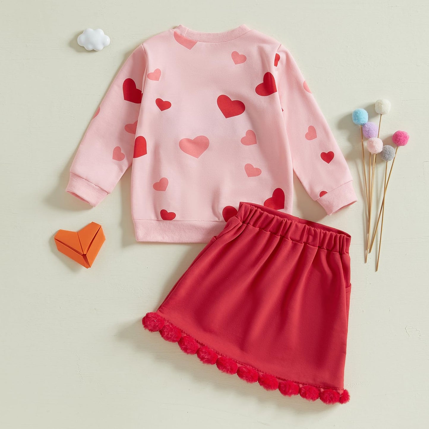 Toddler Girl Valentines Day Outfit Love Heart Sweatshirt Long Sleeve Shirts And Red Pom Pom Skirt Set Spring Clothes (Red Love H
