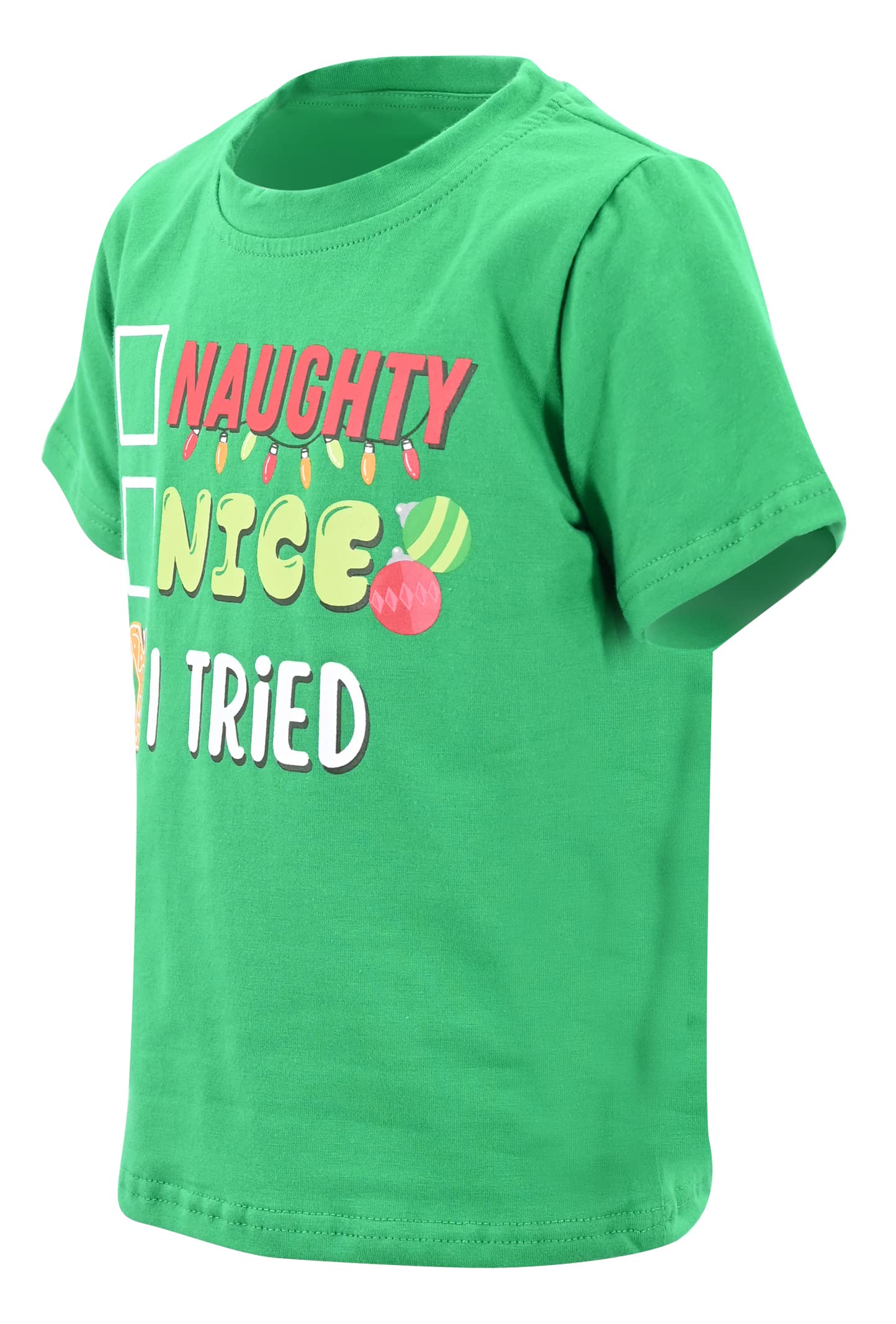 Unique Baby Boys Naughty Nice I Tried Kids Christmas Shirt Clothes (7Y, Green)