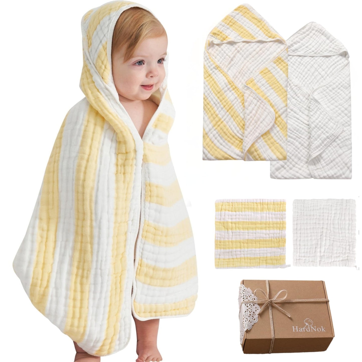HardNok 4-Pack Muslin Hooded Baby Bath Towel Set - 100% Organic Cotton, (2) 6-Layer 32x32 Towels & (2) Washcloths, Newborn & Inf