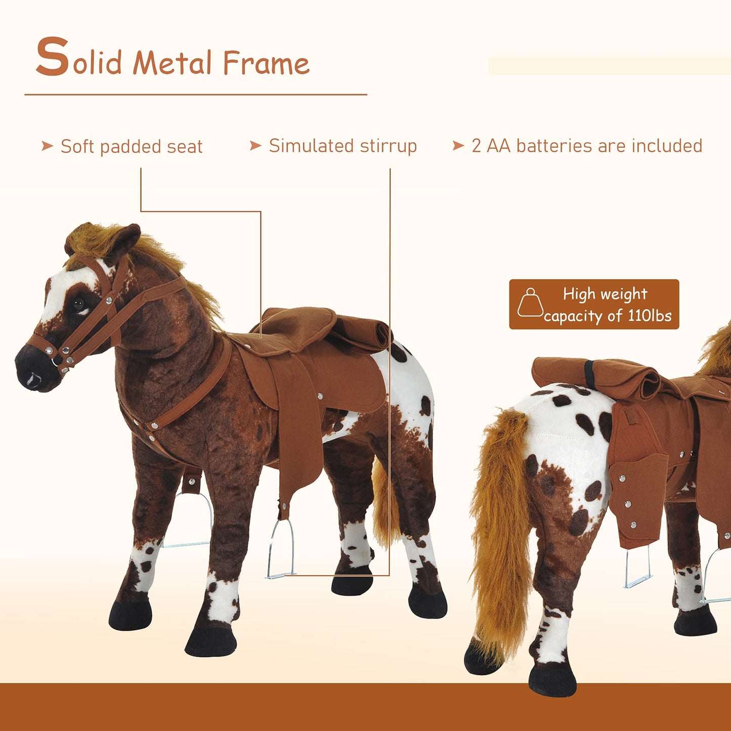 Qaba Sound-Making Ride On Horse for Toddlers 3-5, with Neighing and Galloping Sound, Stuffed Animal Horse Toy for Kids with Padd