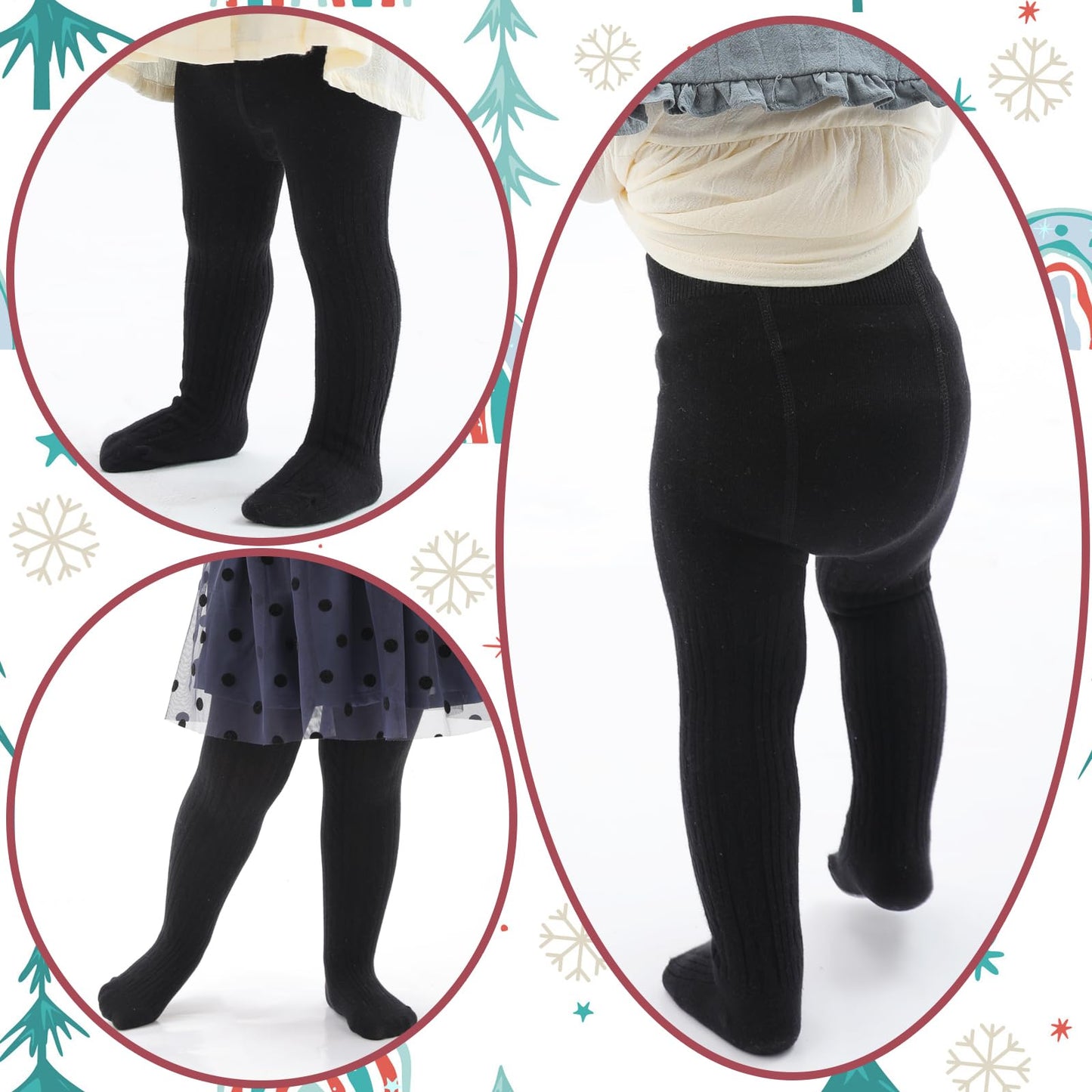 Mini Angel Baby Tights 2-4 Years Girls Tights Toddler Cable Knit Leggings Soft Cotton Stockings Pantyhose 3 Pack (Black,Coffee,O