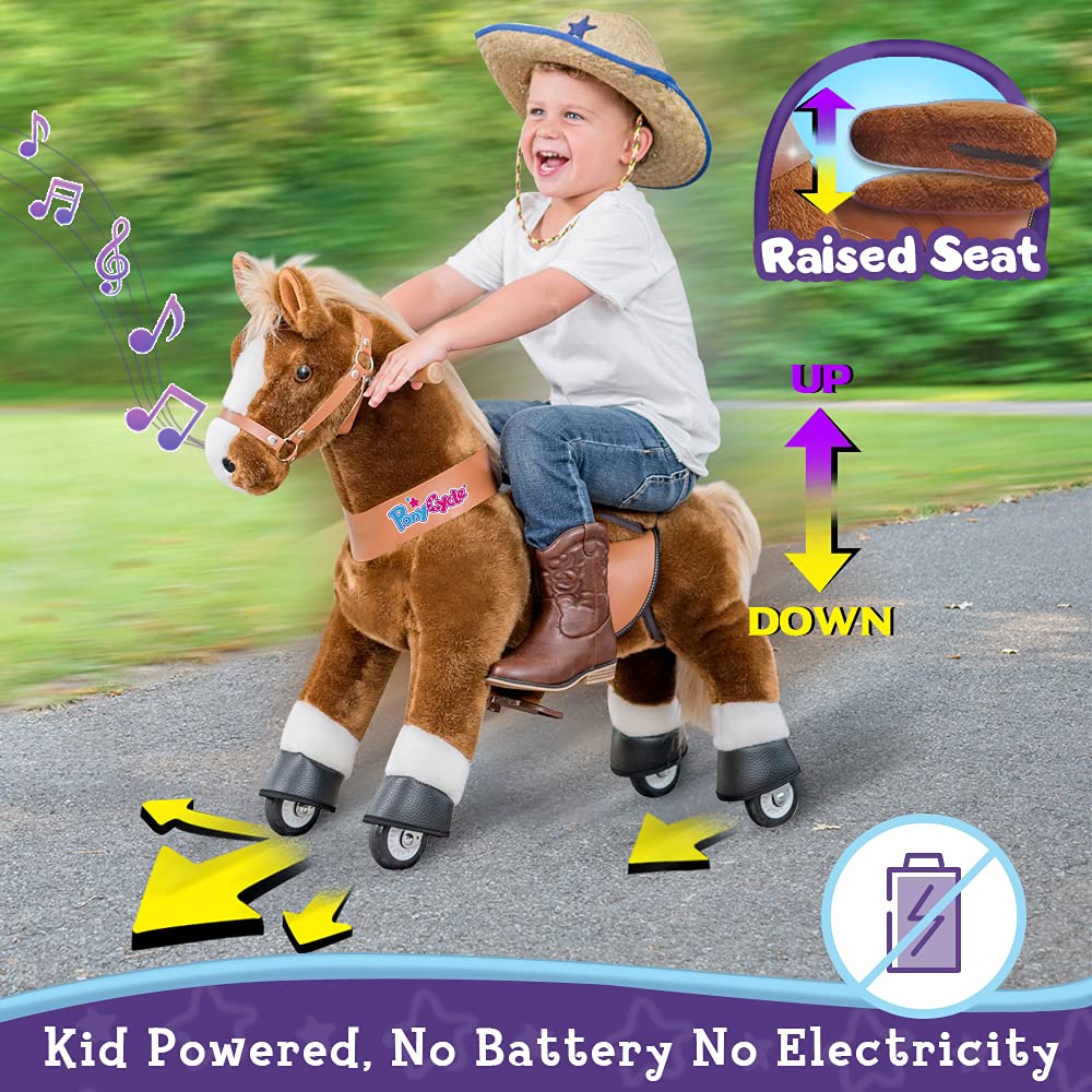 PonyCycle Official Ride-On Horse No Battery No Electricity Mechanical Pony Brown with White Hoof Giddy up Pony Plush Walking Ani