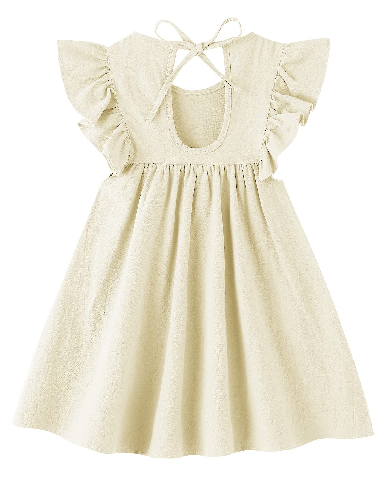 Lyxiof Toddler Baby Girl Cotton Linen Dress Ruffle Sleeve Halter Sleeveless Kids Casual Dresses Beige 100Cm