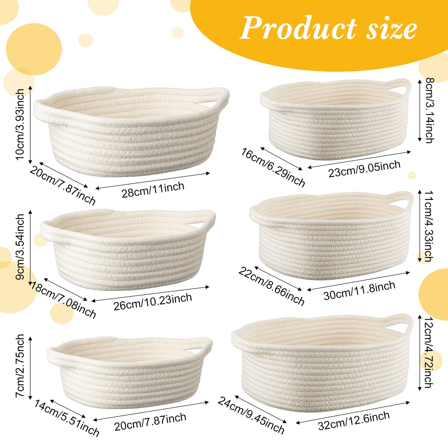 6 Sizes Woven Basket With Gift Bags And Gold Bows, Oval Soft Rope Baskets With Handles Gift Baskets Empty Cotton Baby Toy Storag
