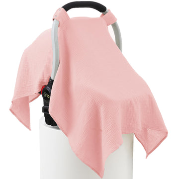 100% Muslin Cotton Car Seat Cover Baby, Carseat Canopy Cover, Universal Fit Stroller Covers for Boys and Girls (Pink)