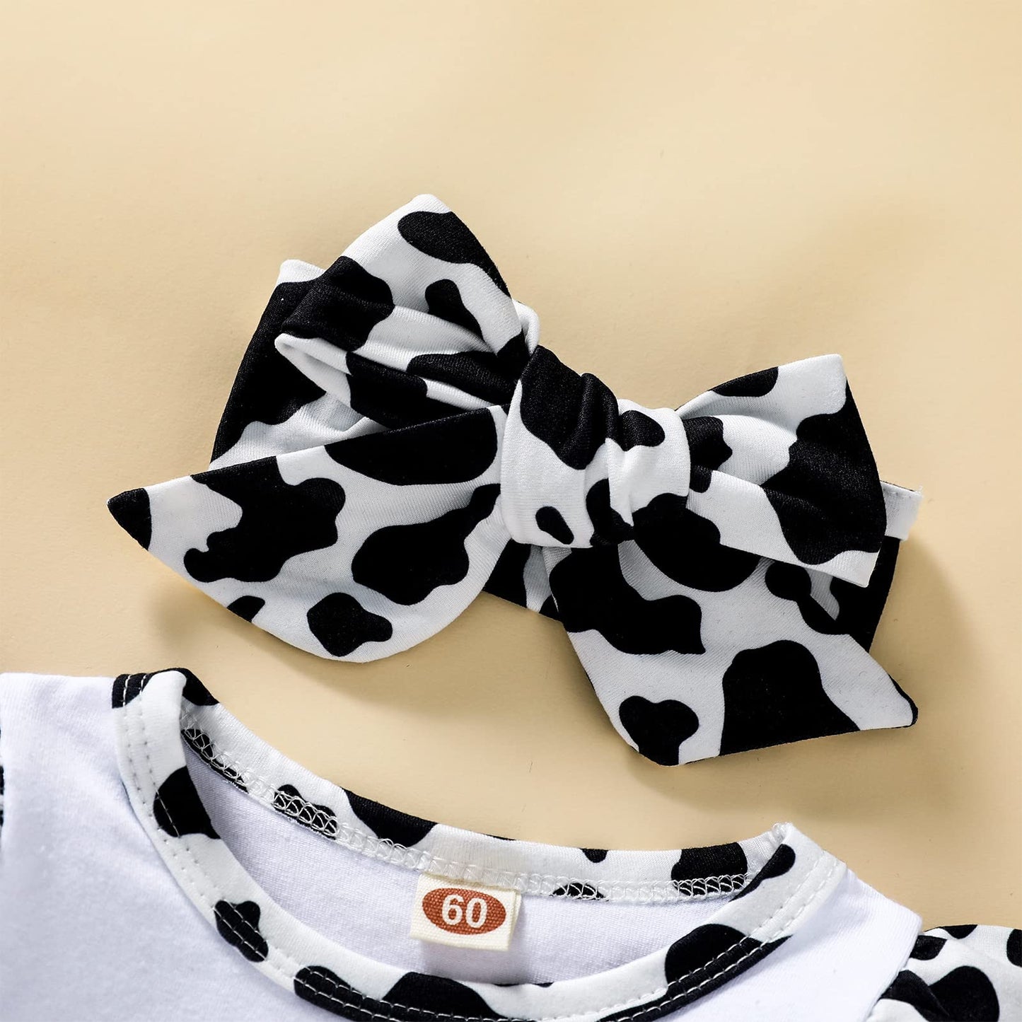 Newborn Baby Girl Romper Infant Letter Print Bodysuit Cow Jumpsuit+Hat+Headband+Gloves Coming Home Clothes Outfit 3-6 Months(Cow
