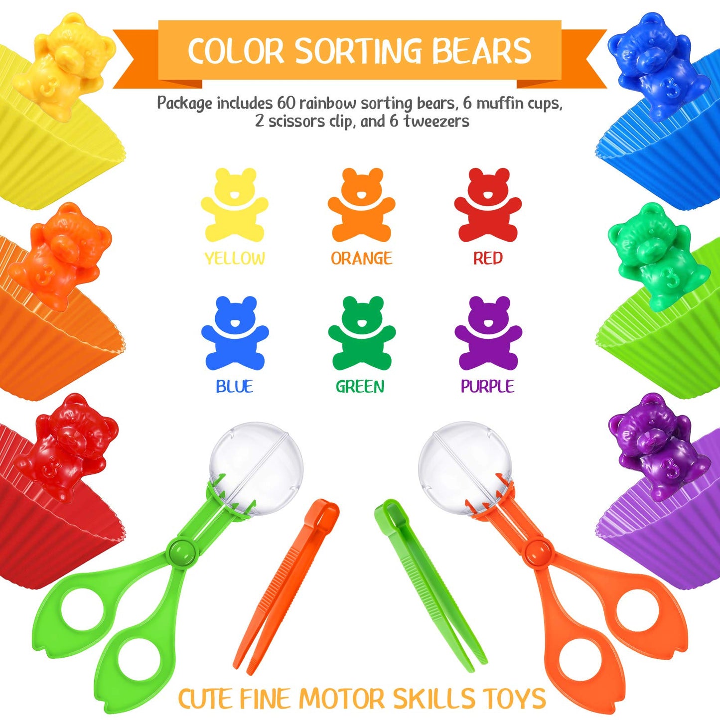 74 Pieces Counting Sorting Bears Fine Motor Skills Handy Scoopers Set Includes 60 Cute Rainbow Sorting Bears, 6 Jumbo Tweezers,
