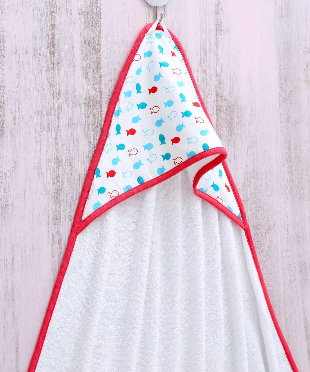 MOMJOY Hooded Baby Bath Towel for Boys & Girls,Easy Dry, Ultra Soft |1214 Months| Pack of 1|White & Red
