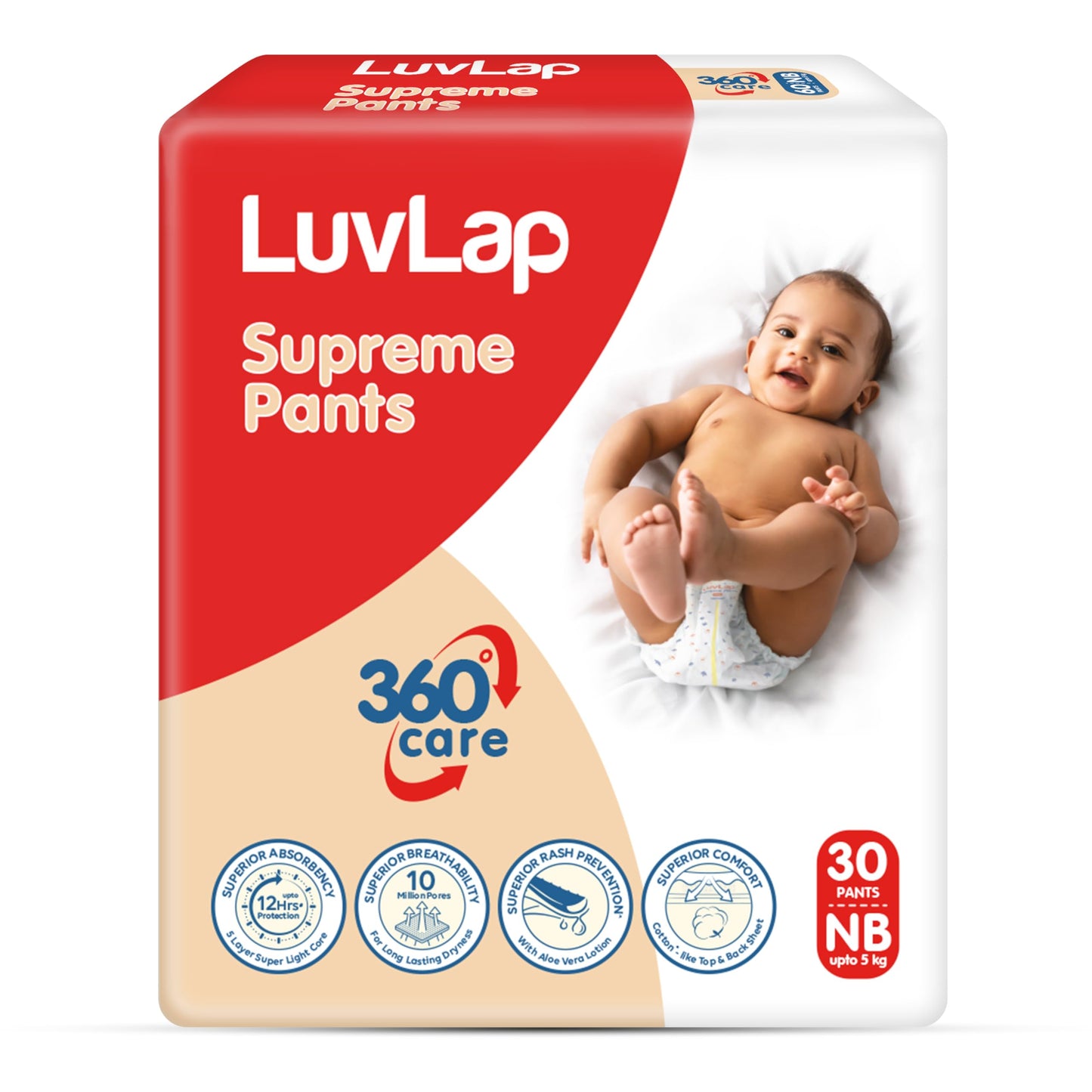 Luvlap Supreme Diaper Pants New Born (Nb) 0 To 5Kg, 30Pcs, 360 Skin Care With 10 Million Breathable Pores, Aloe Vera For Superio