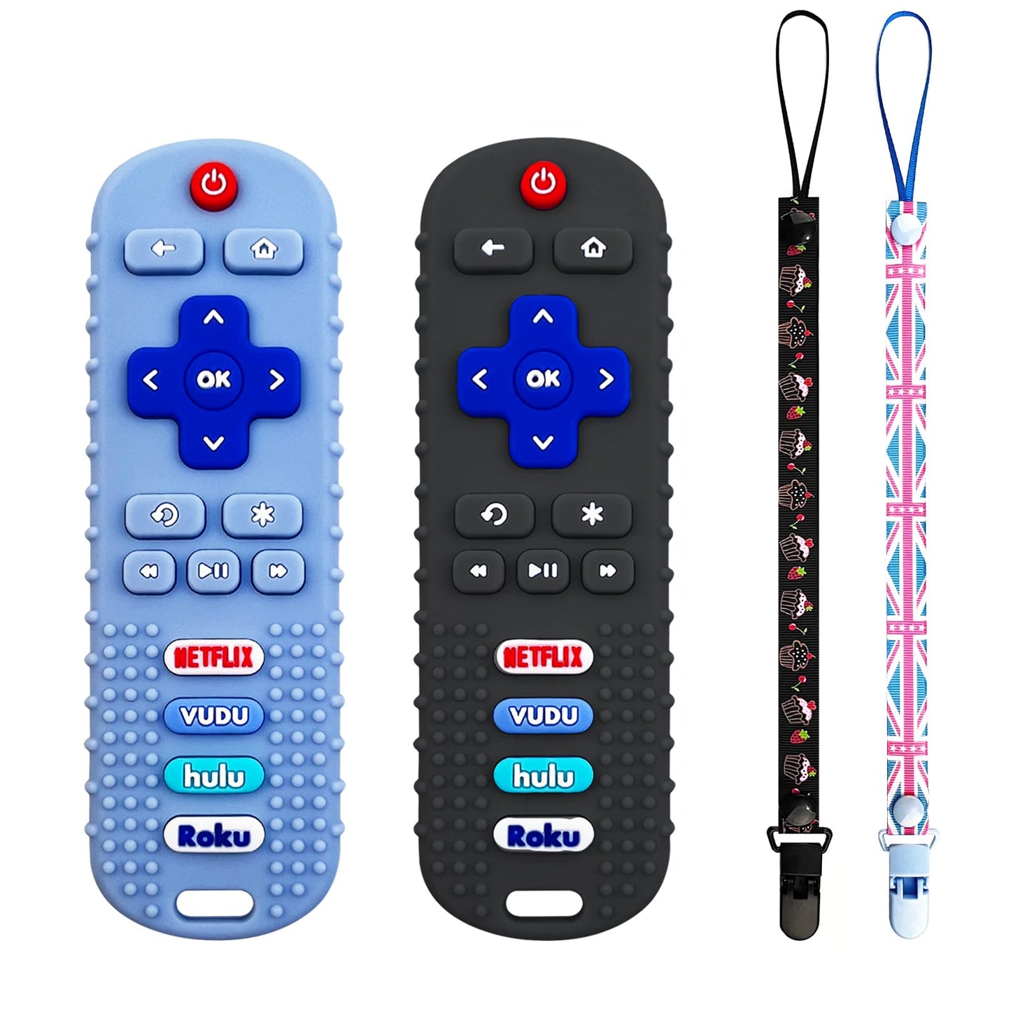2PCS Baby Cell Phone Toy Infant Teething Sticks, Soft Silicone Baby Remote Control Shape Teethers Toys for Babies 36 Month(Black