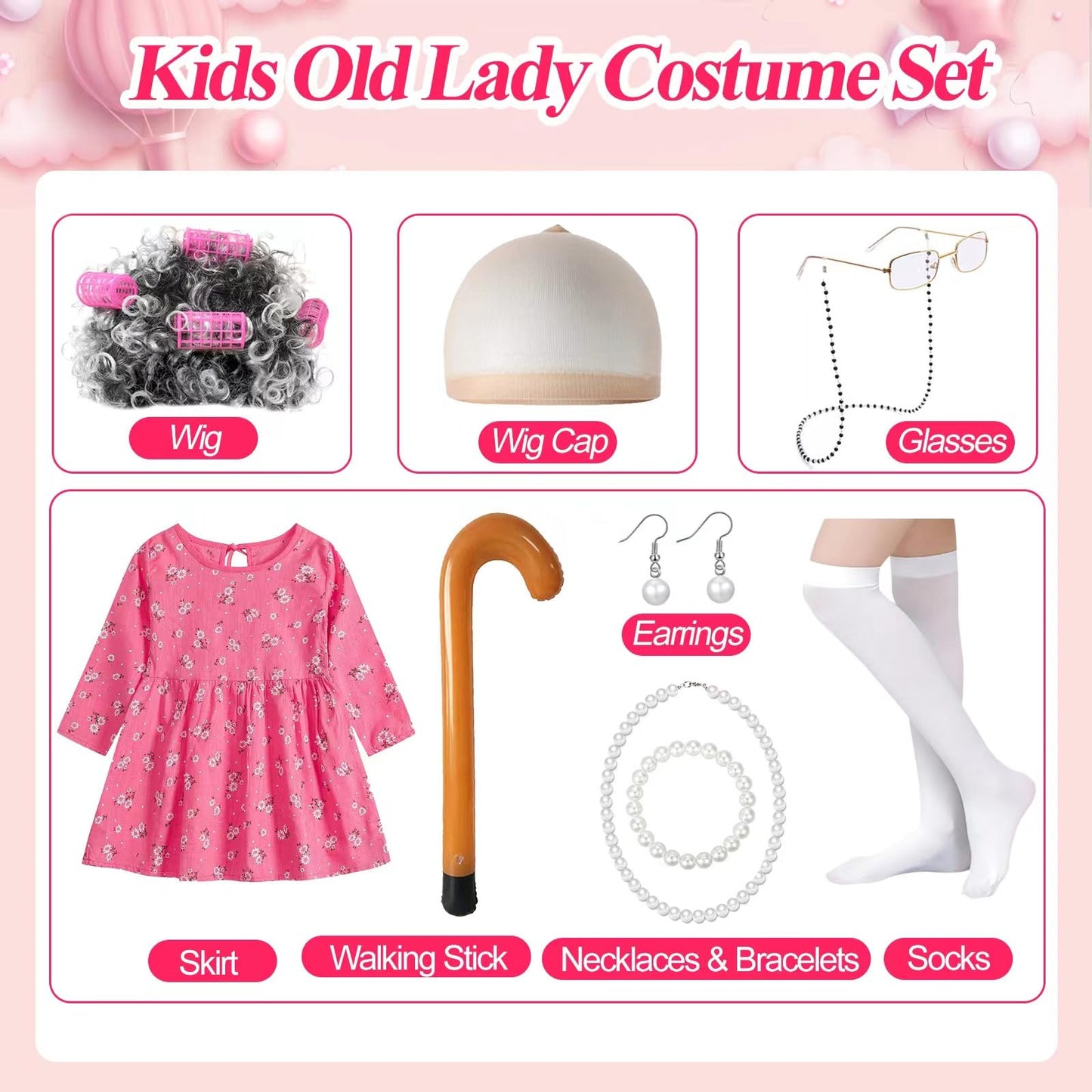 Old Lady Costume For Kids Girls 6T -7T 100 Days Of School Costume Outfit 100Th Day Of School Dress Up For Girls Kids Granny Gran