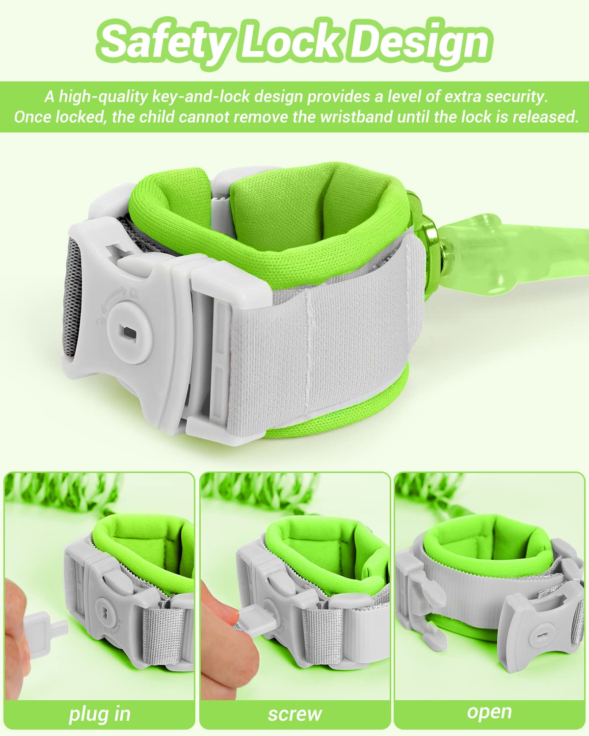Dr.Meter Kids Leash For Toddler, Reflective Anti Lost Wrist Link With Key & Lock, 8.2Ft Safety Wristband Child Walking Harness F