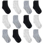 Tenpluszero 12 Pairs Non Slip Toddler Socks Crew Socks With Grips For Baby Boys Girls (Black,White,Grey, 1T/2T)