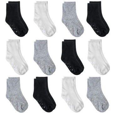 Tenpluszero 12 Pairs Non Slip Toddler Socks Crew Socks With Grips For Baby Boys Girls (Black,White,Grey, 1T/2T)