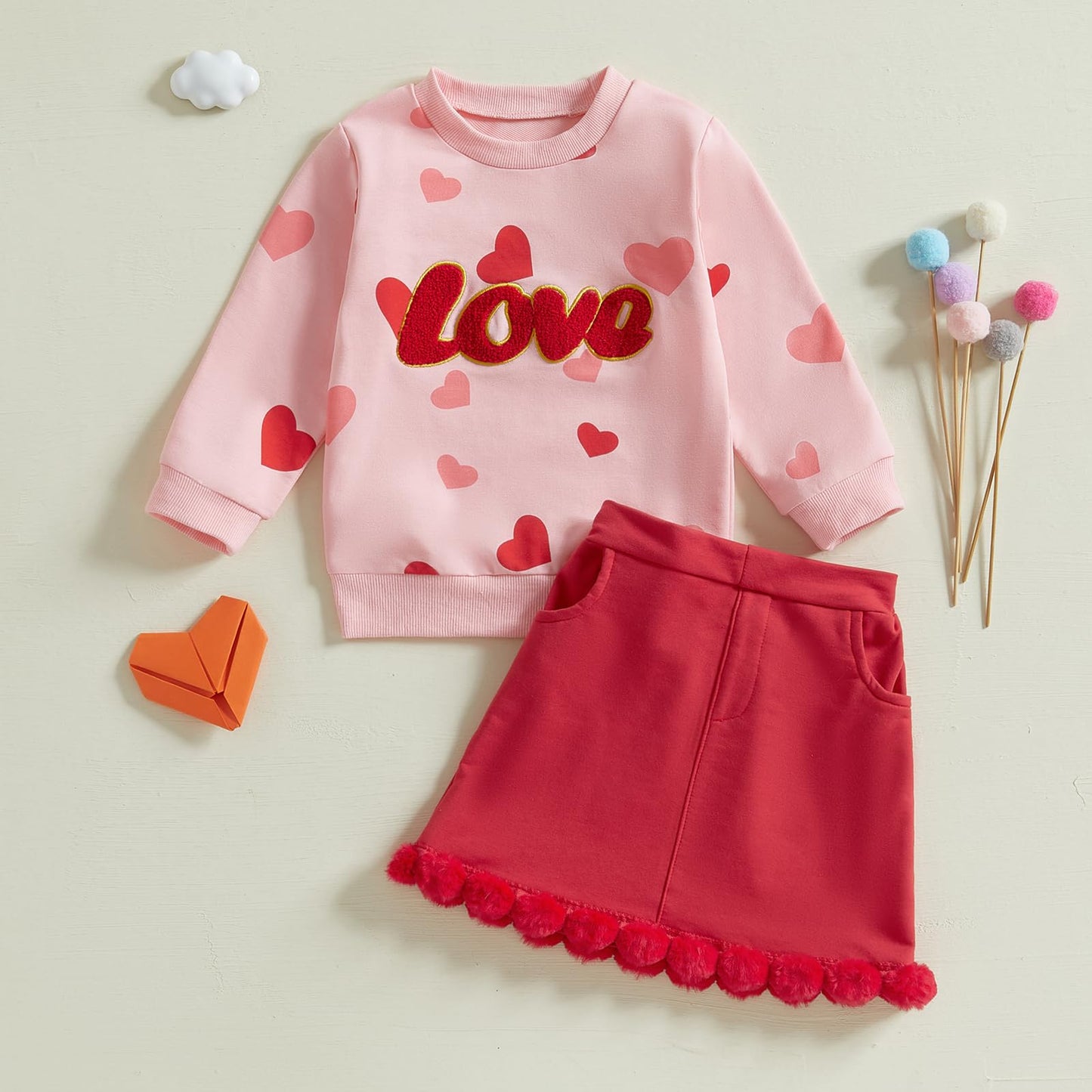 Toddler Girl Valentines Day Outfit Love Heart Sweatshirt Long Sleeve Shirts And Red Pom Pom Skirt Set Spring Clothes (Red Love H