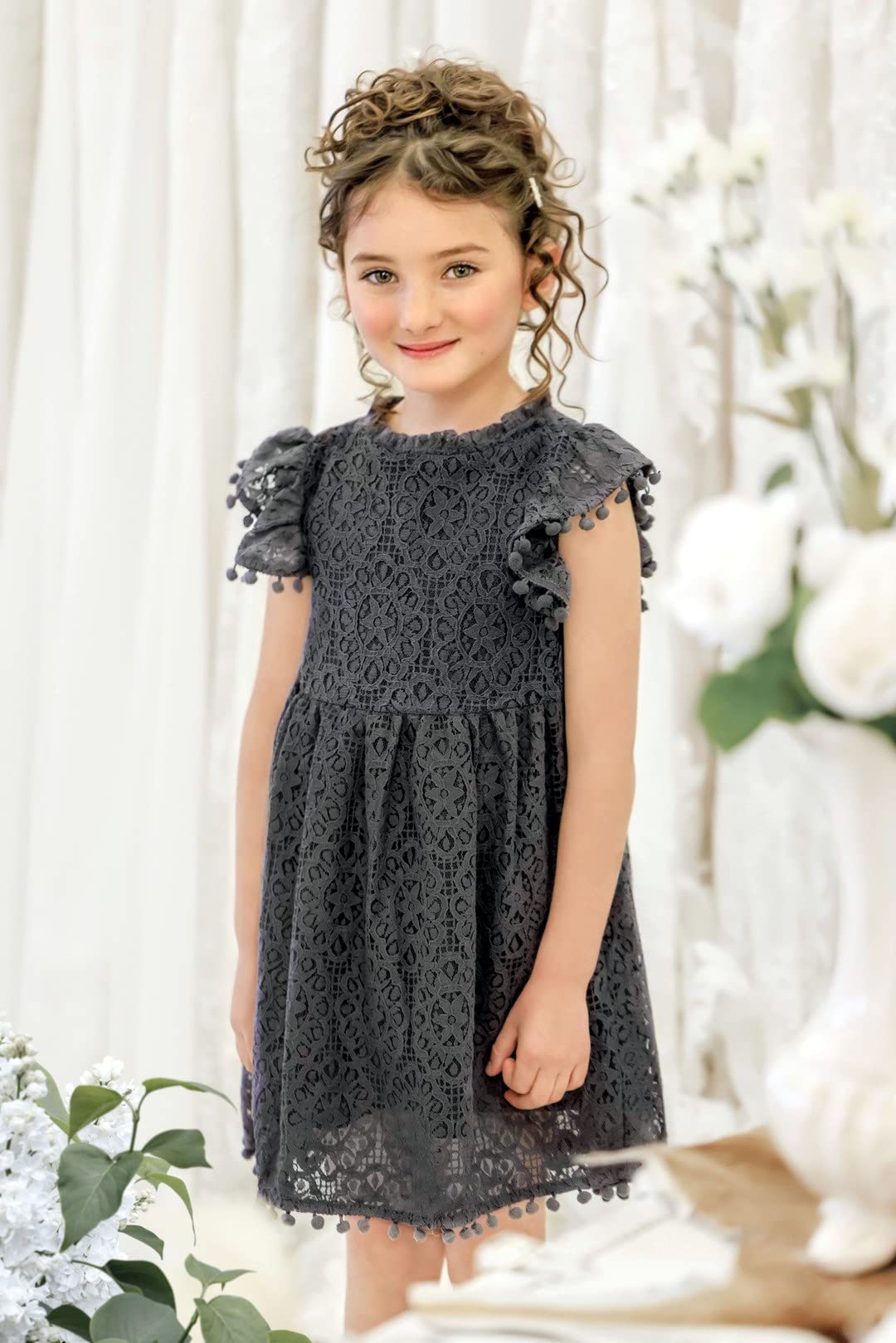 2Bunnies Girl Baby Toddler Vintage Lace Pom Pom Flutter Sleeve Easter Birthday Outfit Dress (Steel Gray, 5)