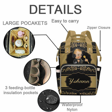 M Yescustom Personalized Diaper Bag For Baby, Large Capacity Custom Black Crown Diaper Bag With Name, Waterproof Diaper Bag Back