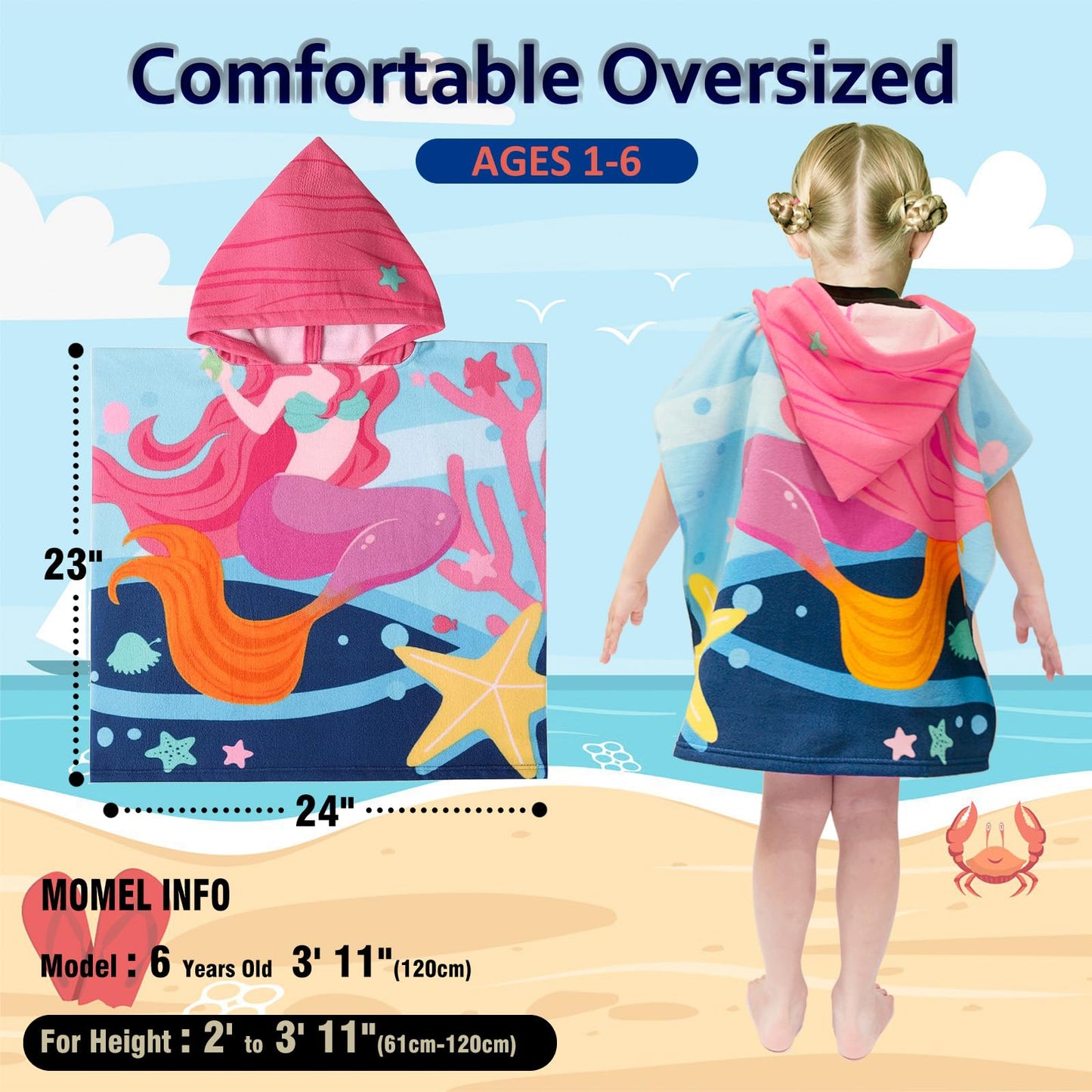 Growell Hooded Kids Beach Towels - Toddler Bath Towel Girls Boys Swim Cover-Ups For Ages 1 To 6 Kids Pool Towels Quick Dry Light