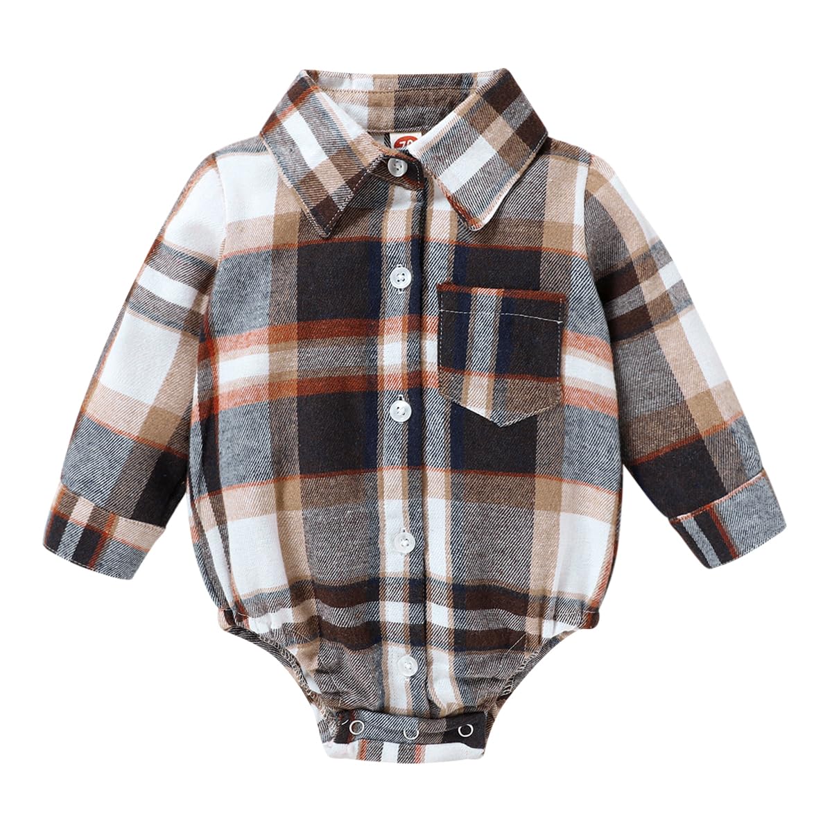 Happyma Newborn Baby Boy Girls Plaid Outfit Flannel Romper Infant Long Sleeve Button Down Plaid Bodysuit (Khaki & Brown, 0-3 Mon