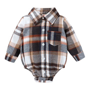 Happyma Newborn Baby Boy Girls Plaid Outfit Flannel Romper Infant Long Sleeve Button Down Plaid Bodysuit (Khaki & Brown, 0-3 Mon