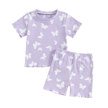 Kupretty Toddler Baby Girl Summer Clothes Ruffle Ribbed Knit Short Sleeves T-Shirt Tops + Shorts Cute Outfits Set (Ruffle Butter