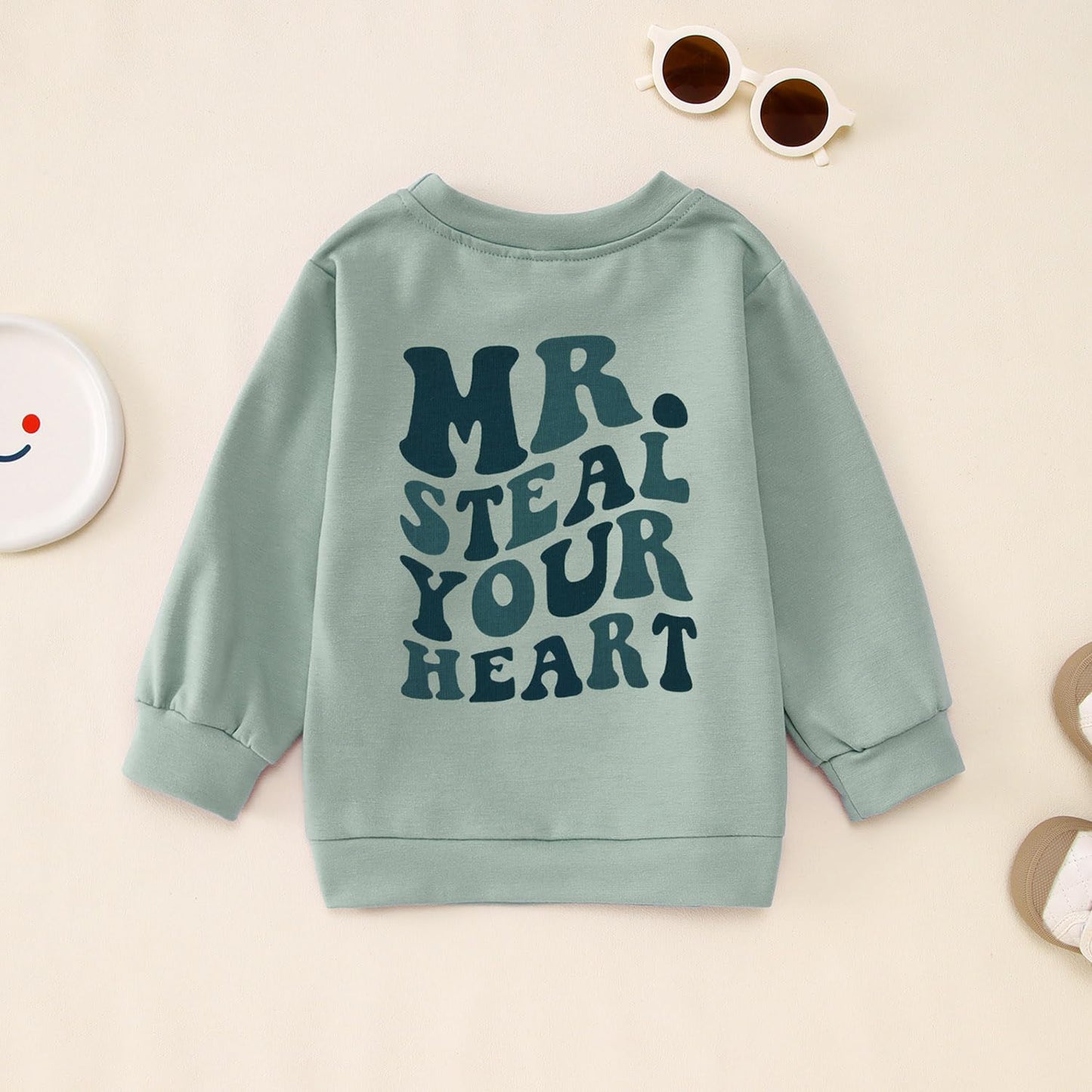 Ritatte Toddler Boy Valentine'S Day Sweatshirt Mr. Steal Your Heart Shirt Kids Valentines Crewneck Long Sleeve Pullover Tops(Gre