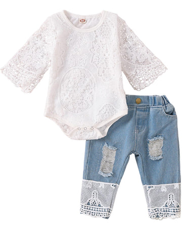 Baby Girl Clothes Outfits Toddler Infant Baby Romper Top+Jeans Clothing Set (White, 18-24 Months)