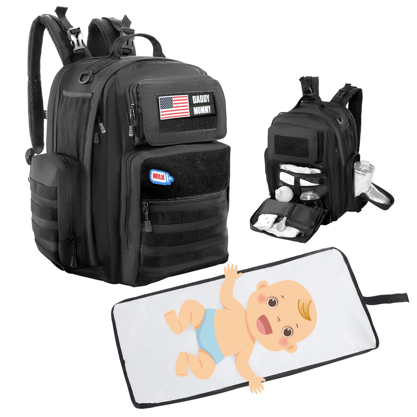 Mabozoo Diaper Bag Backpack For Dad, Black Military Diaper Bag Backpack With Waterproof Changing Pad,Large Mens Baby Bag,Unisex