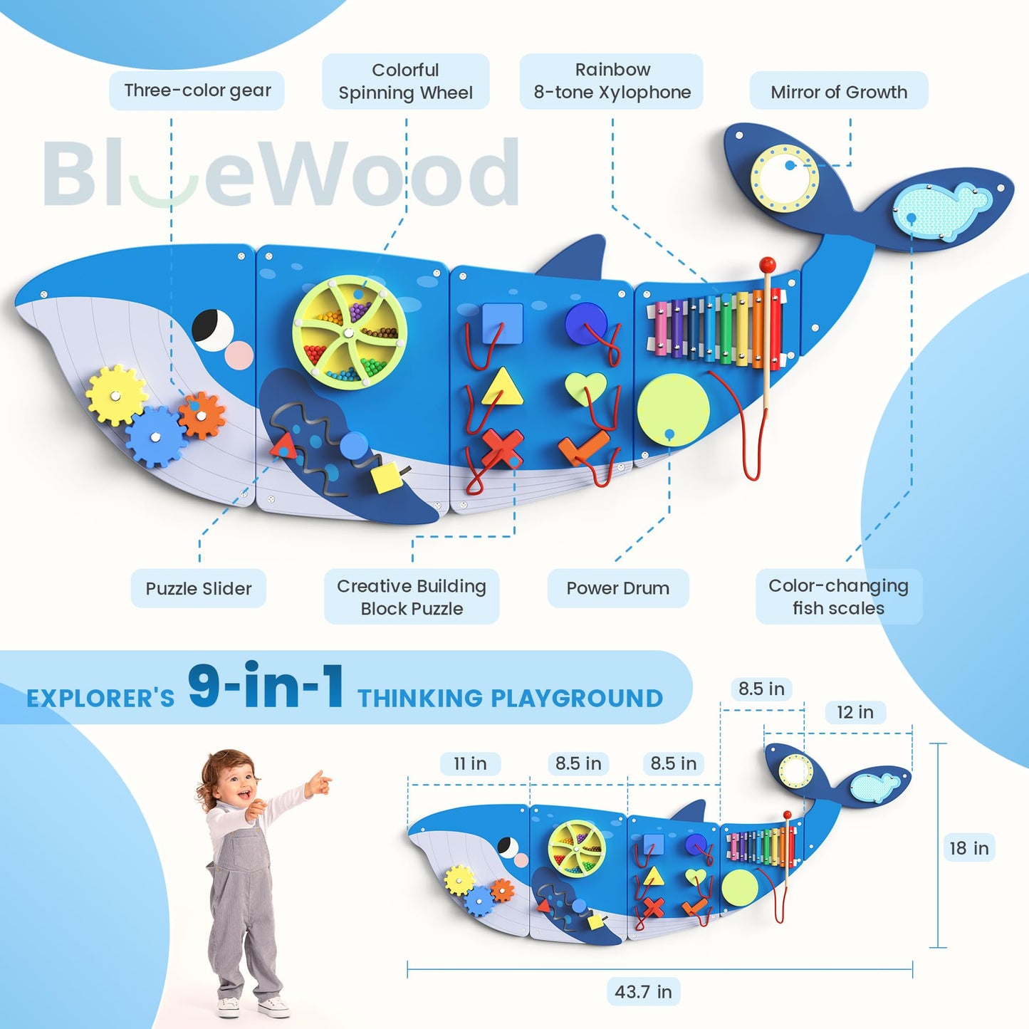 BlueWood Whale Wall Busy Board Panels, Toddler Learning Activity Center, Montessori Sensory, Educational Toys, Conducive to All-
