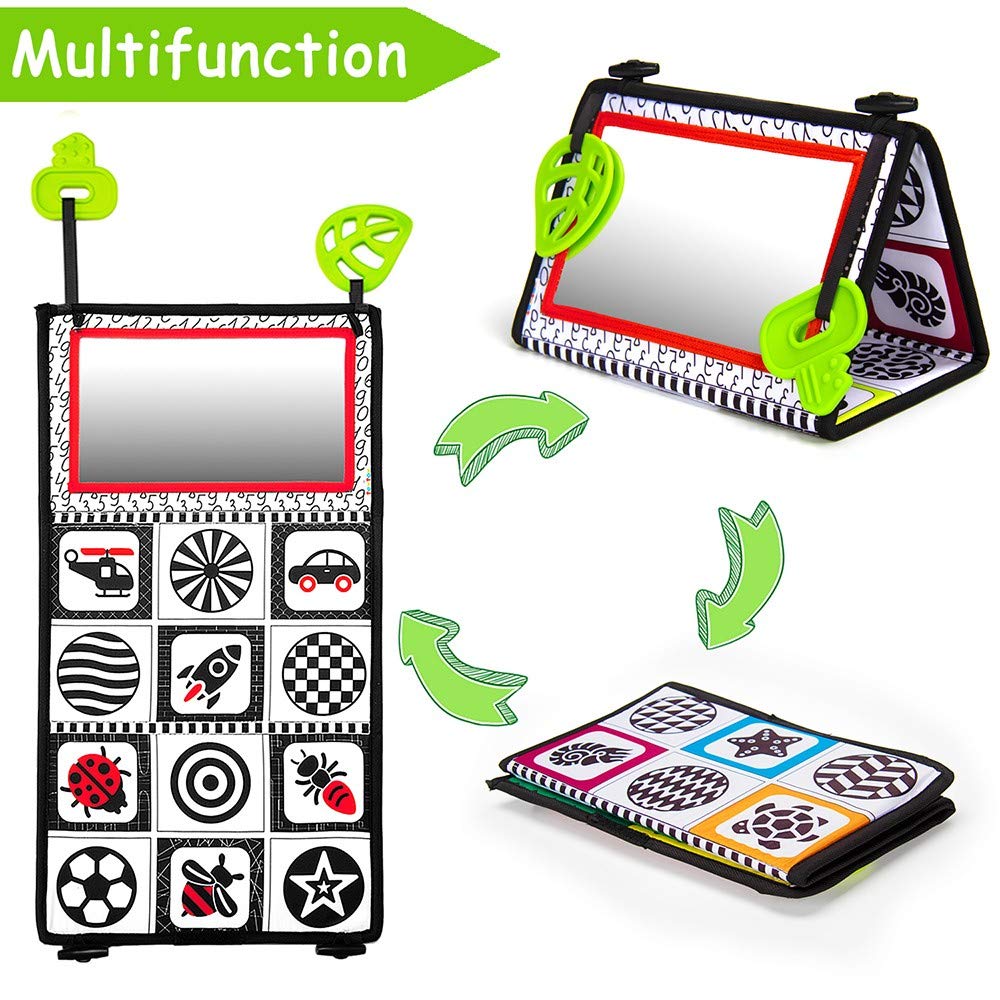 teytoy Tummy Time Baby Mirror Toys with Teethers, Double Black and White High Contrast Baby Toys 0-6 Months, Foldable Floor Sens