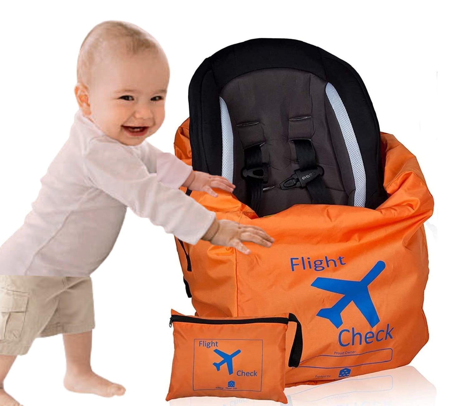 Car Seat Travel Bag And Carrier For Gate Check With Travel Pouch - Bright Orange With Blue Letters For Airport, Airplane Gate Ch