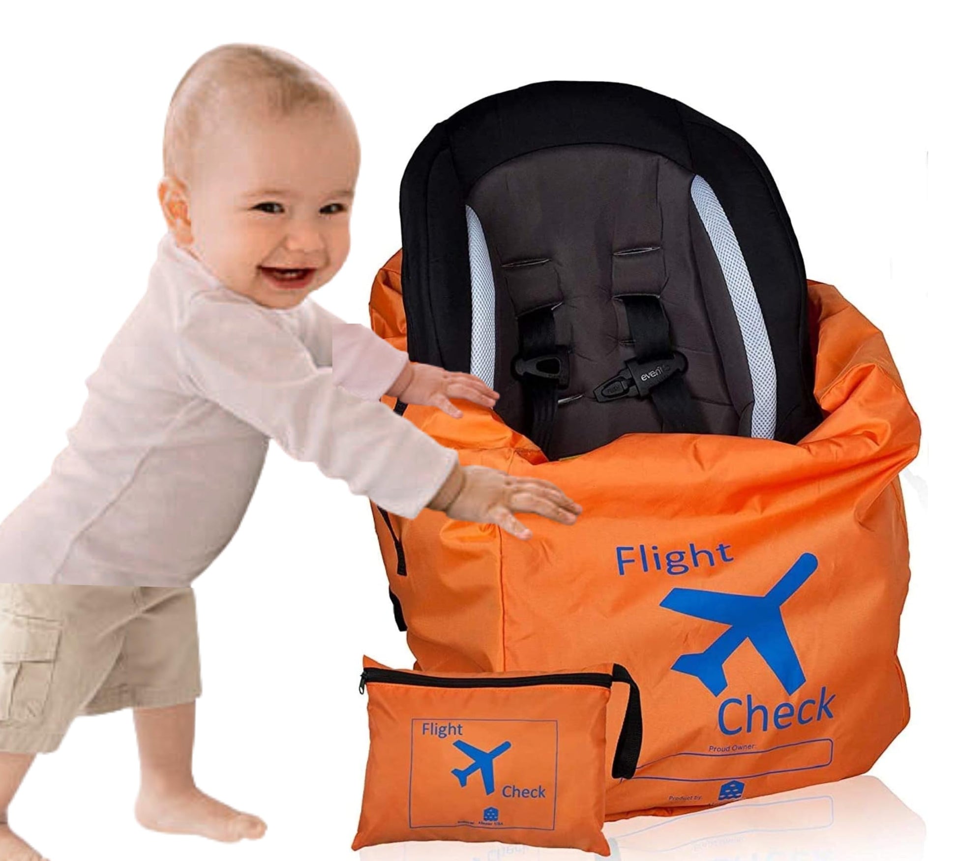 Car Seat Travel Bag And Carrier For Gate Check With Travel Pouch - Bright Orange With Blue Letters For Airport, Airplane Gate Ch