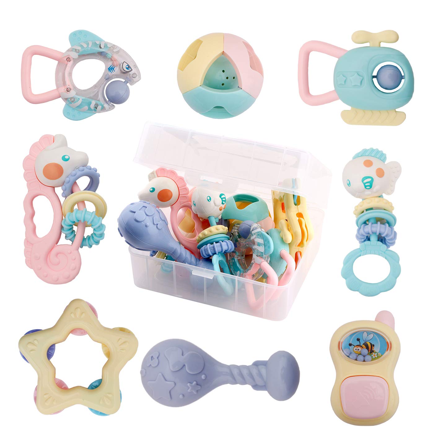 WISHTIME Baby Rattles Teether Baby Toys - Newborn Toys Rattle Musical Toy Set Shaker Grab and Spin Early Educational Toys for Ba