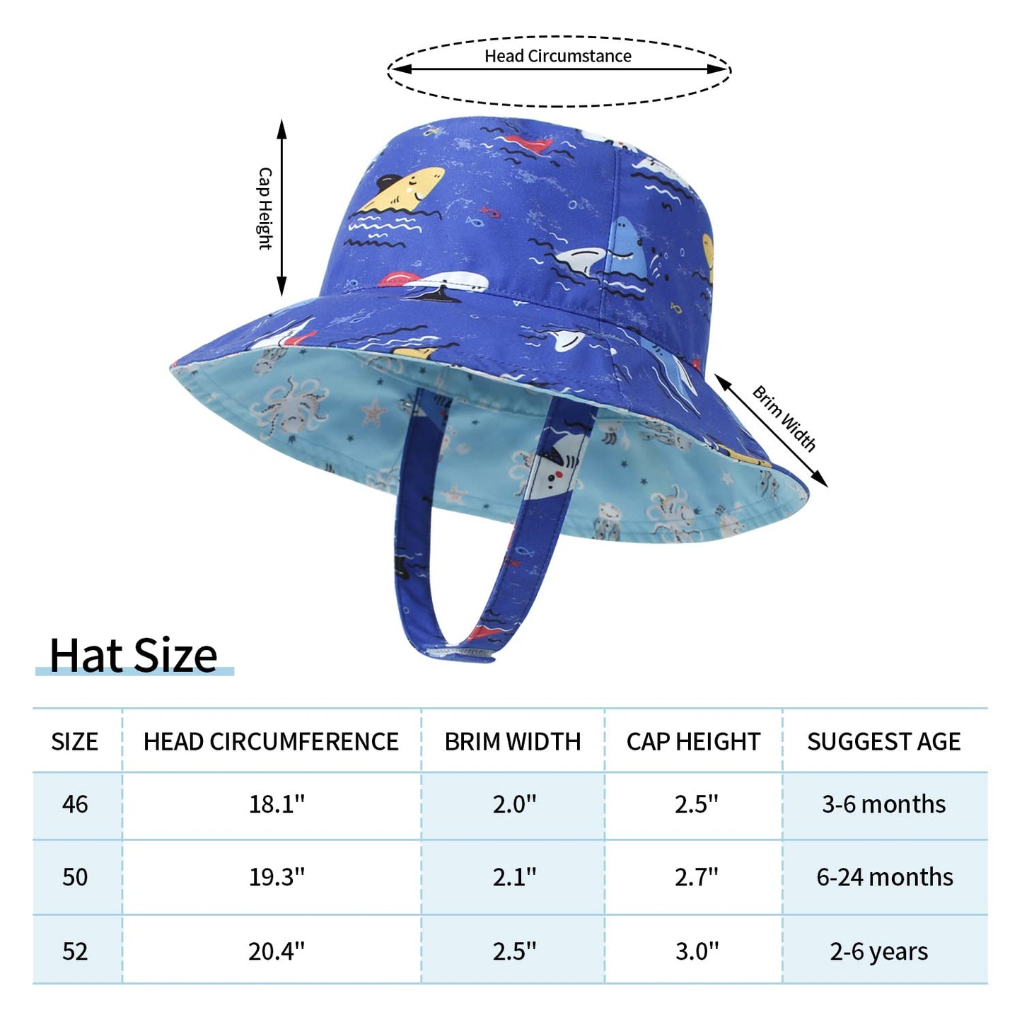 Lapi.Zapi Baby Sun Hat Print Pattern Reversible Kids Boy Girls Hat Upf 50+ Sun Protection Beach Bucket Hat Wide Brim (0-6 Months