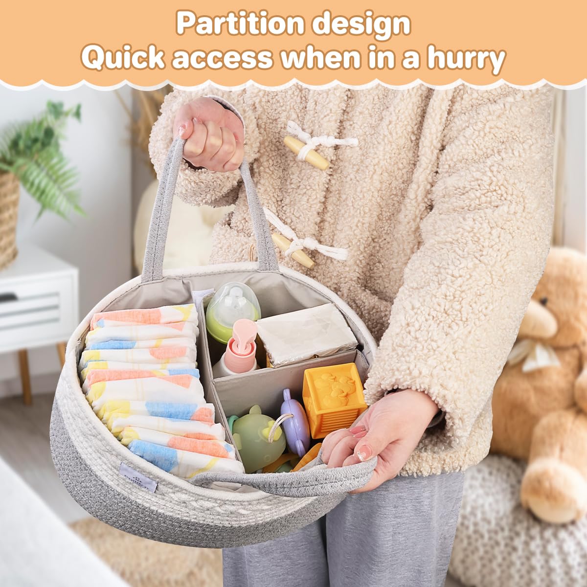 Philorn Diaper Caddy Organizer, Cotton Rope Diaper Caddy Basket, Woven Diaper Caddy With Dividers, Nursery Storage Basket For Ch