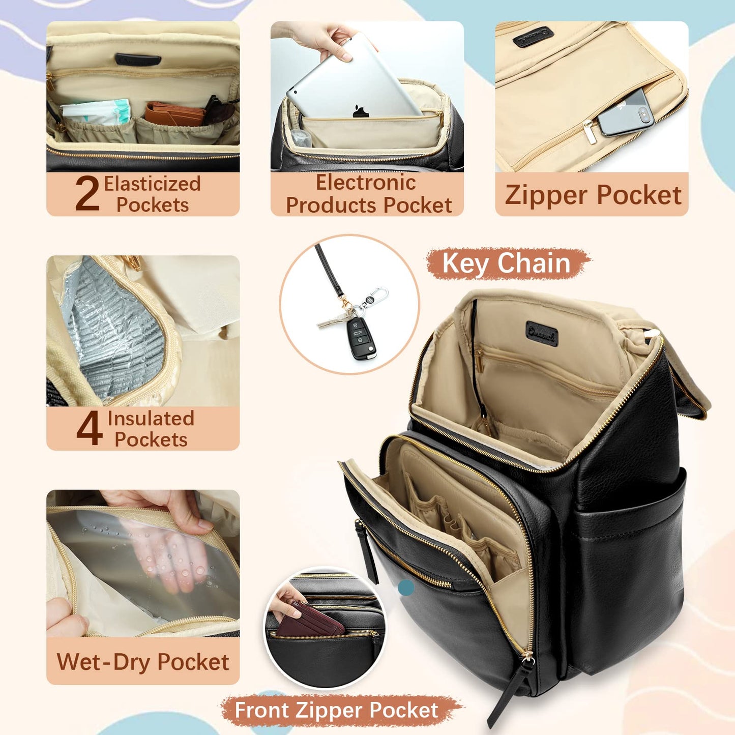 Diaper Bag Backpack Baby Diaper Bag Leather By Omanmoli With 17 Diaper Bag Organizing Pouches,Changing Pad,Stroller Straps,4 Ins