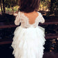 2Bunnies Girl Peony Lace Back A-Line Tiered Tutu Tulle Party Flower Girl Dress (White Sleeve Maxi, 5)