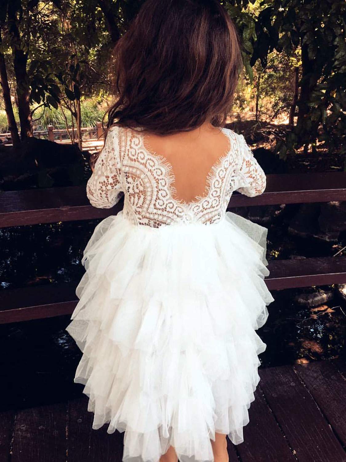 2Bunnies Girl Peony Lace Back A-Line Tiered Tutu Tulle Party Flower Girl Dress (White Sleeve Maxi, 5)