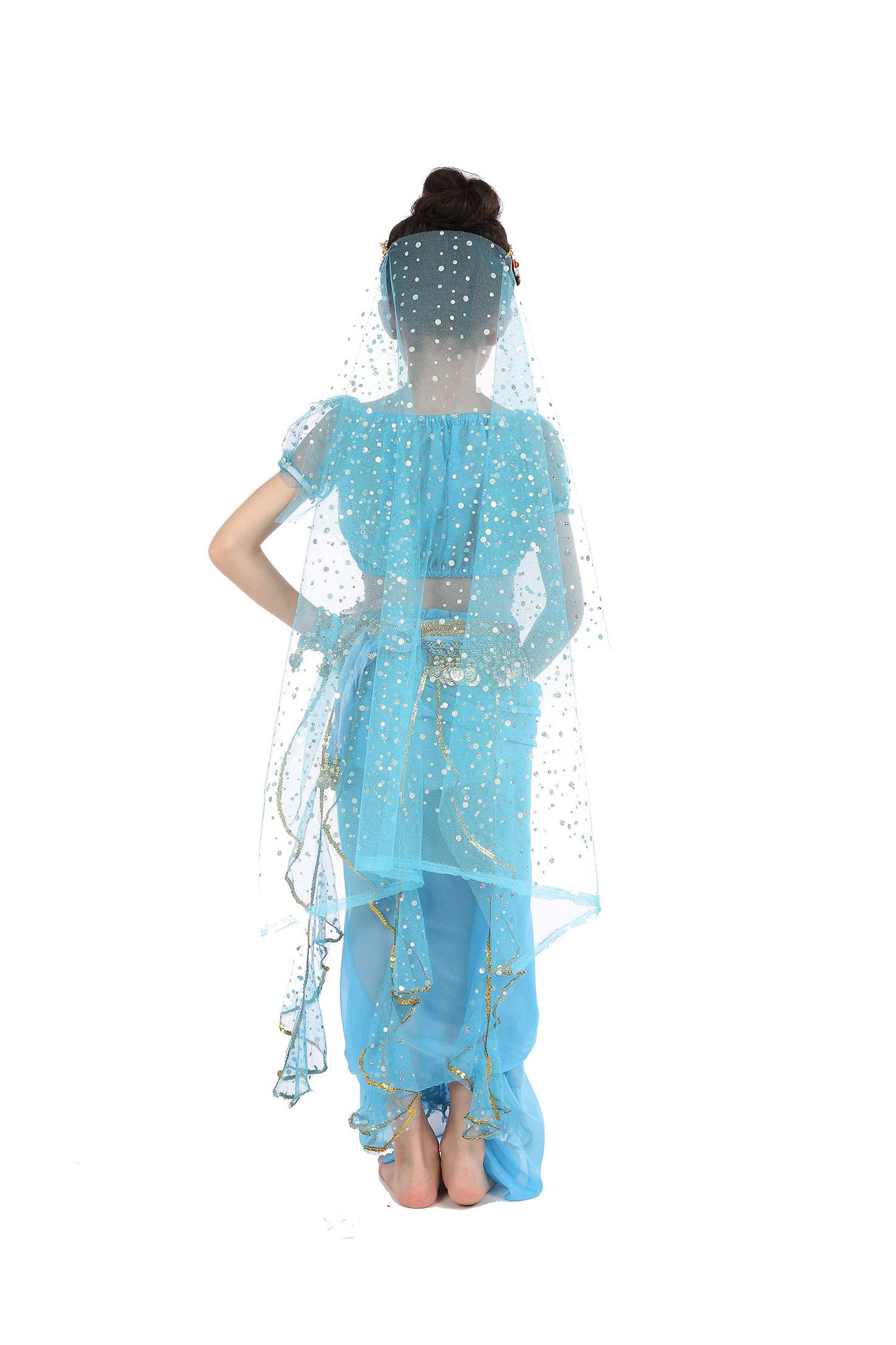 Girls Belly Dance Top Skirt Set Halloween Costume With Head Veil,Waist Chain Blue