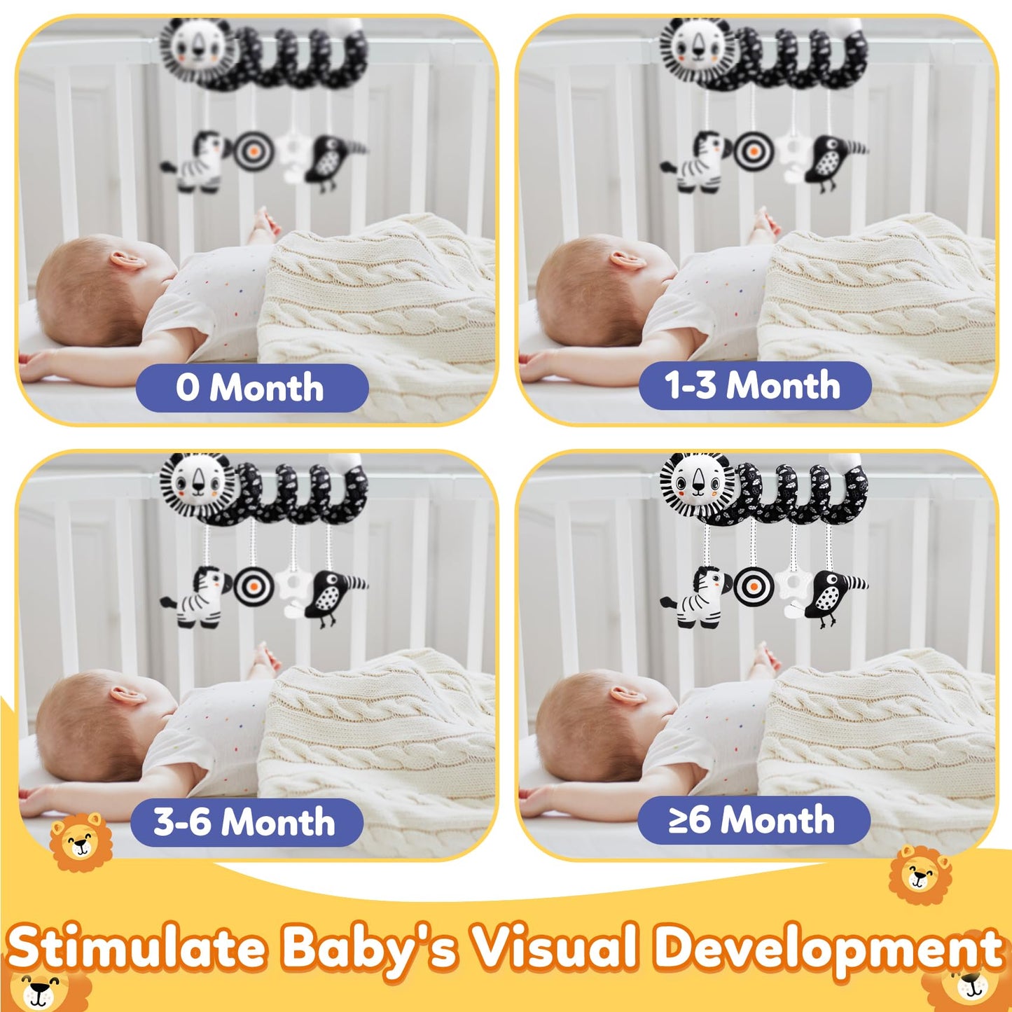 Baby Carseat Toy Black & White Rattle Spiral Hanging Activity Stroller Toy for Newborns Boys and Girls - Lion