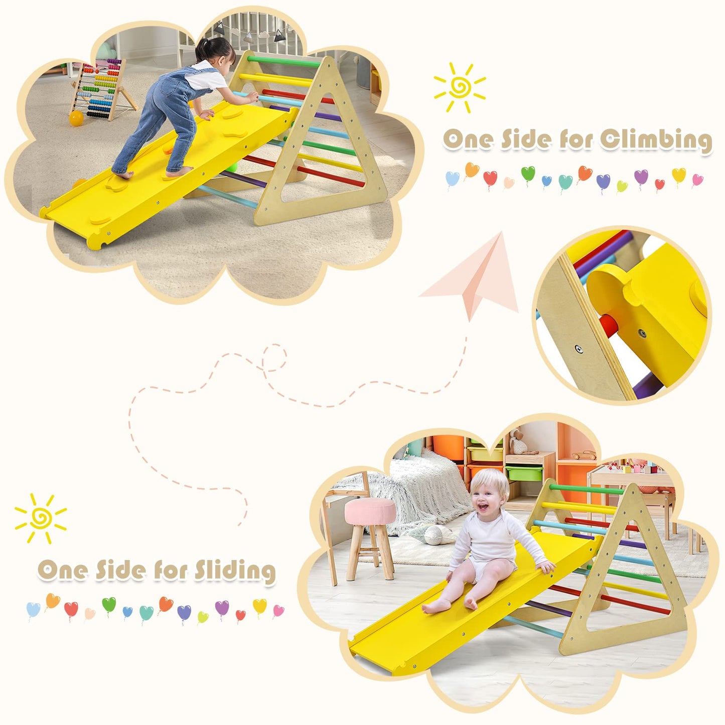 Costzon Climbing Toys For Toddlers, 3 In 1 Woodentriangle Climber With Ramp, Multi-Combination Play Methods, Kids Montessori Pla