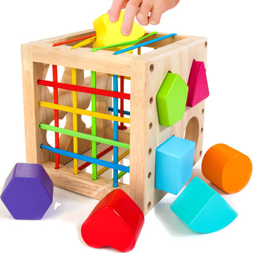 HELLOWOOD Montessori Toys for 1+ Year Old, Wooden Sorter Cube with 8pcs Rattling Shapes, Developmental Learning Toy Gifts for Ba