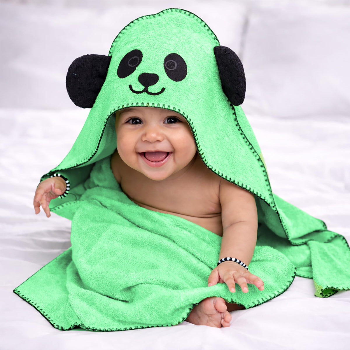 MummaS Touch Puresoft Bamboo Panda Theme Baby Hooded Towel  Green  Pack Of 1 | Ultra Soft & Absorbent | Gentle Bamboo Fiber |