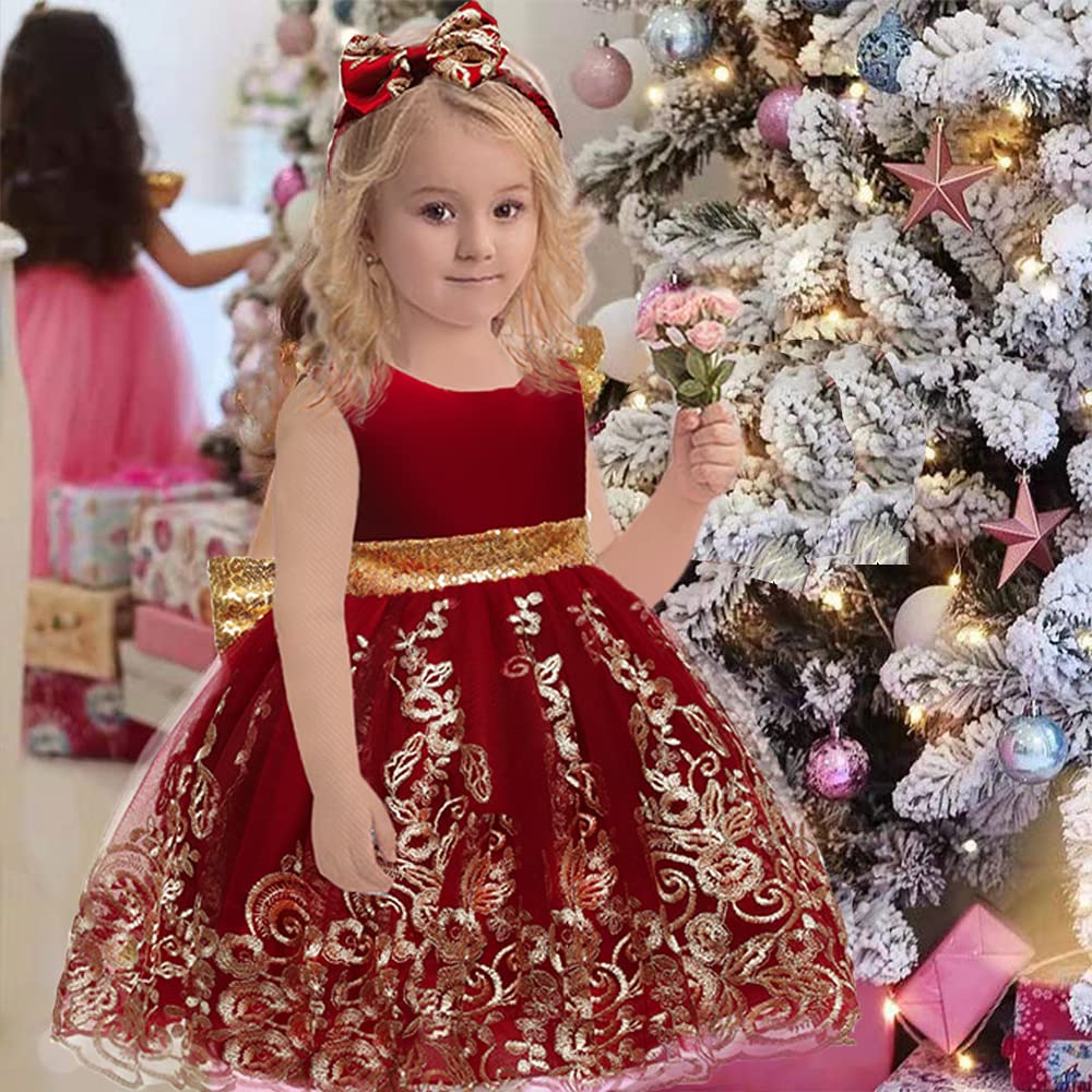 Flower Girls Dresses Wedding Baby Birthday Party Christmas Easter Pageant Event Prom Lace Dress (Burgundy,90)