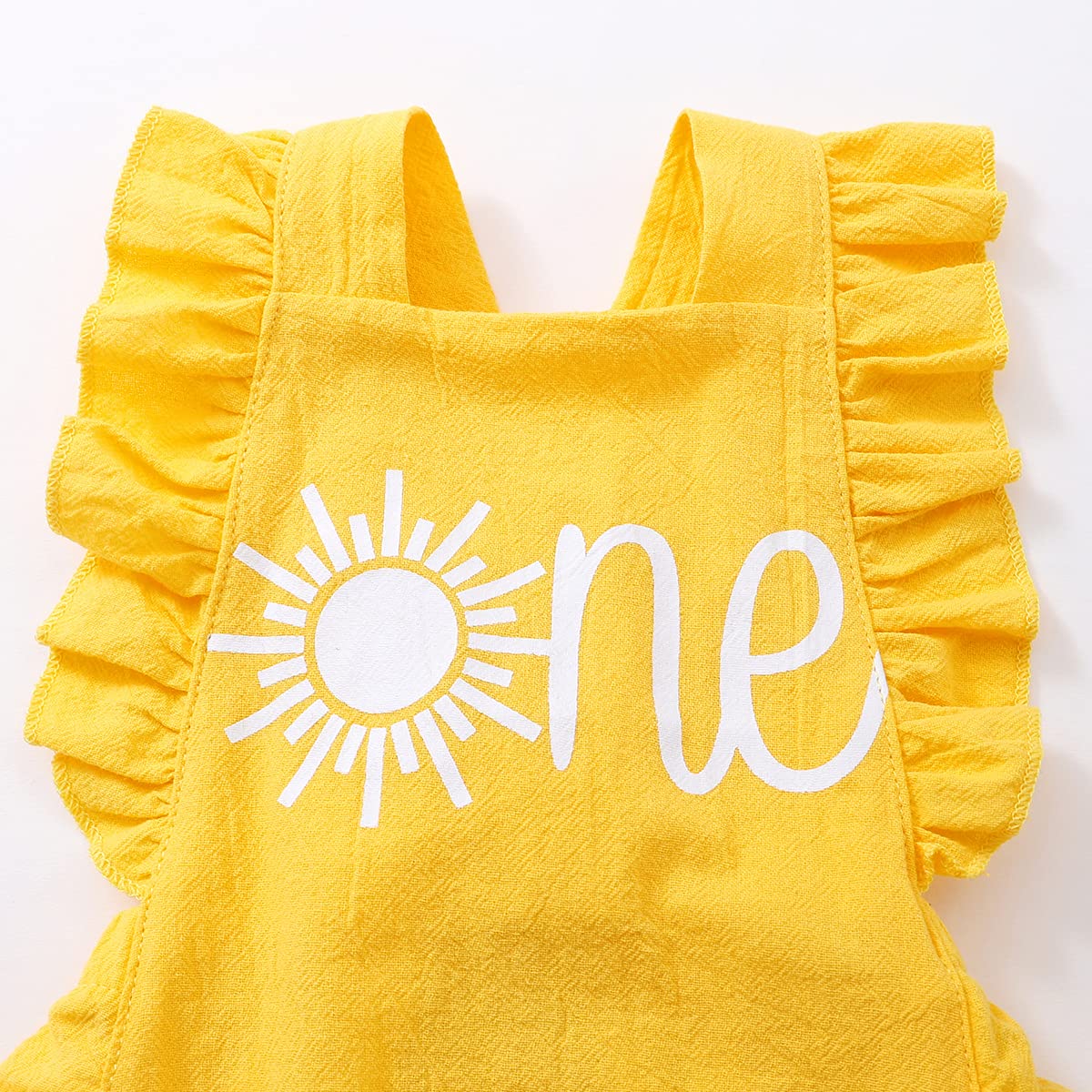 Shalofer Baby Girls One Year Old Outfits First Birthday Romper Cute Backless Ruffles Jumpsuit With Headband (Yellow-Sun,18-24 Mo