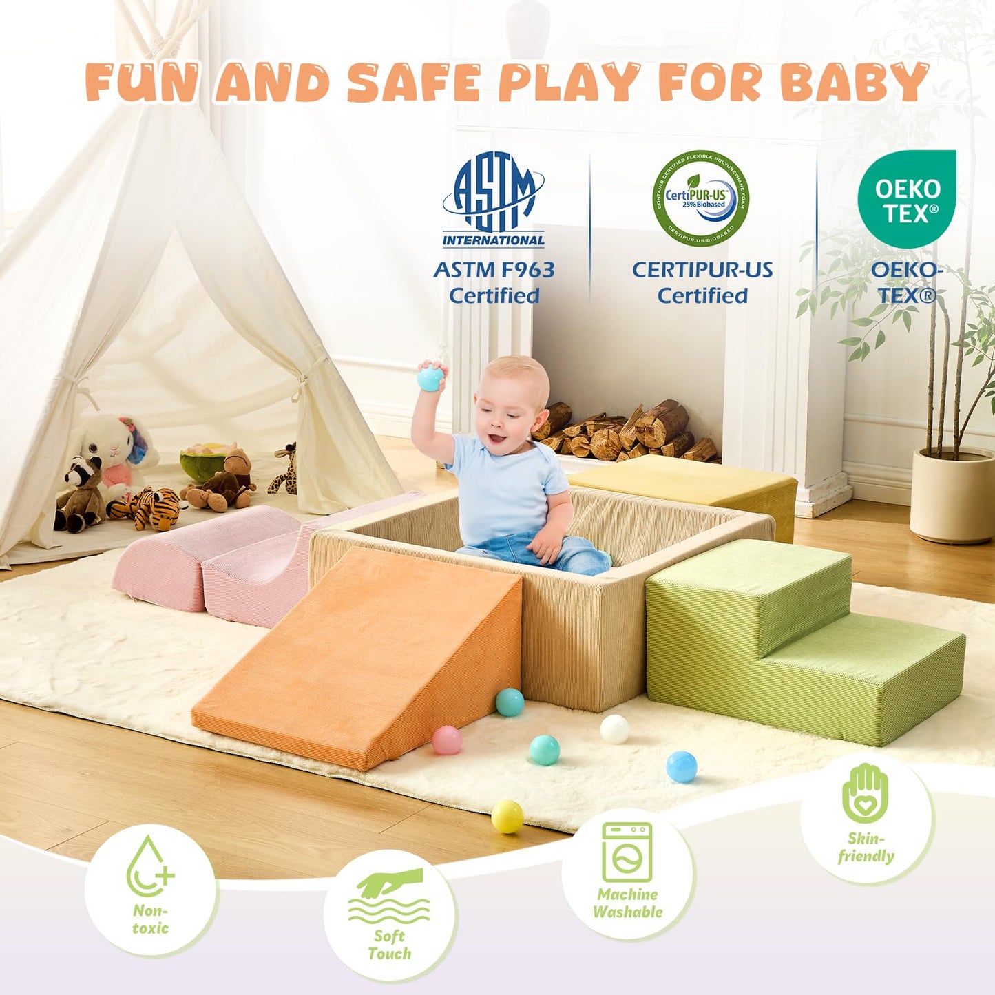 Quchi Climbing Toys For Toddlers, Toddler Climbing Toys Indoor, 5-Piece Foam Climbing Blocks With Ball Pit (Balls Not Included),