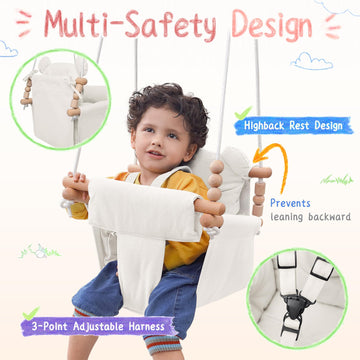 Baby Swing Indoor Outdoor,Secure Canvas Wooden Toddler Swing Seat, 3-Point Adjustable Safety Harness,Mounting Hardware Included,