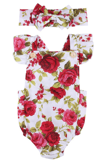 Newborn Kids Baby Girls Clothes Floral Jumpsuit Romper Playsuit + Headband Outfits (A-Red, 18-24 Months)