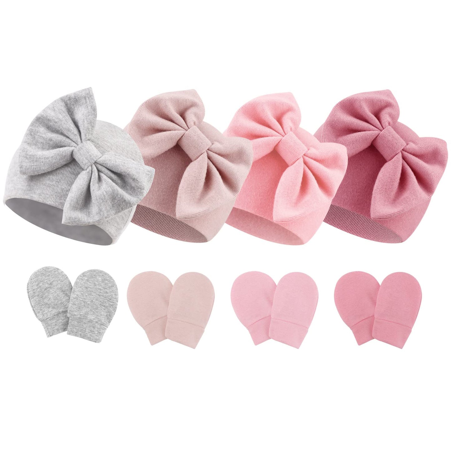 Bqubo Newborn Baby Hats Mittens Set Hospital Hat Beanie Infant Bow Hats Baby Cotton Gloves No Scratch Mittens For 0-6 Months